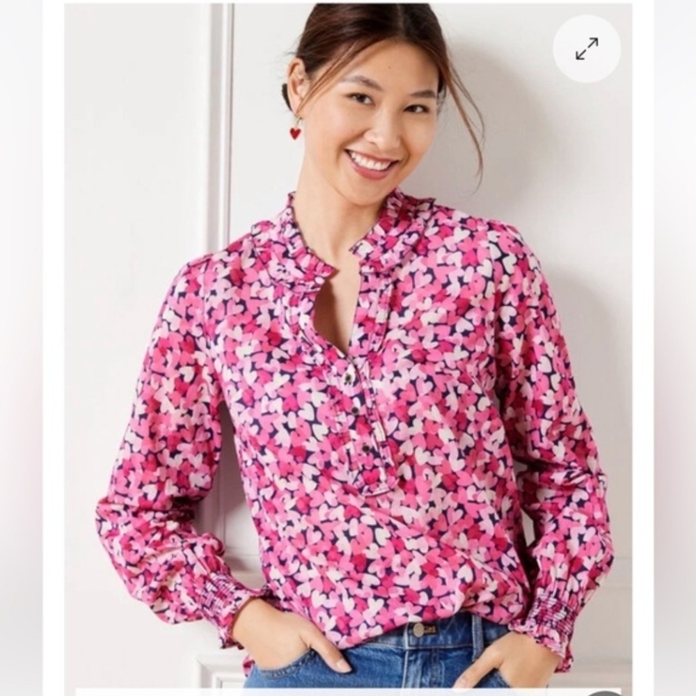 Talbots Smocked Cuff Ruffled Blouse Popover ShirtBlended Hearts - Petite Small